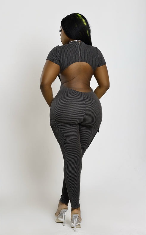 Cargo Backless Jumpsuit Grey/Black