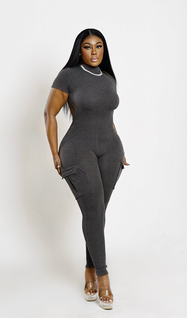 Cargo Backless Jumpsuit Grey/Black